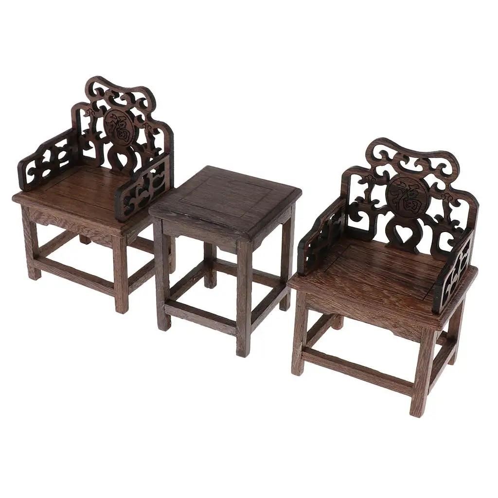 1/6 Dollhouse Living Room Furniture - Mini Tea Table + 2 Armchairs Wooden Furniture Model