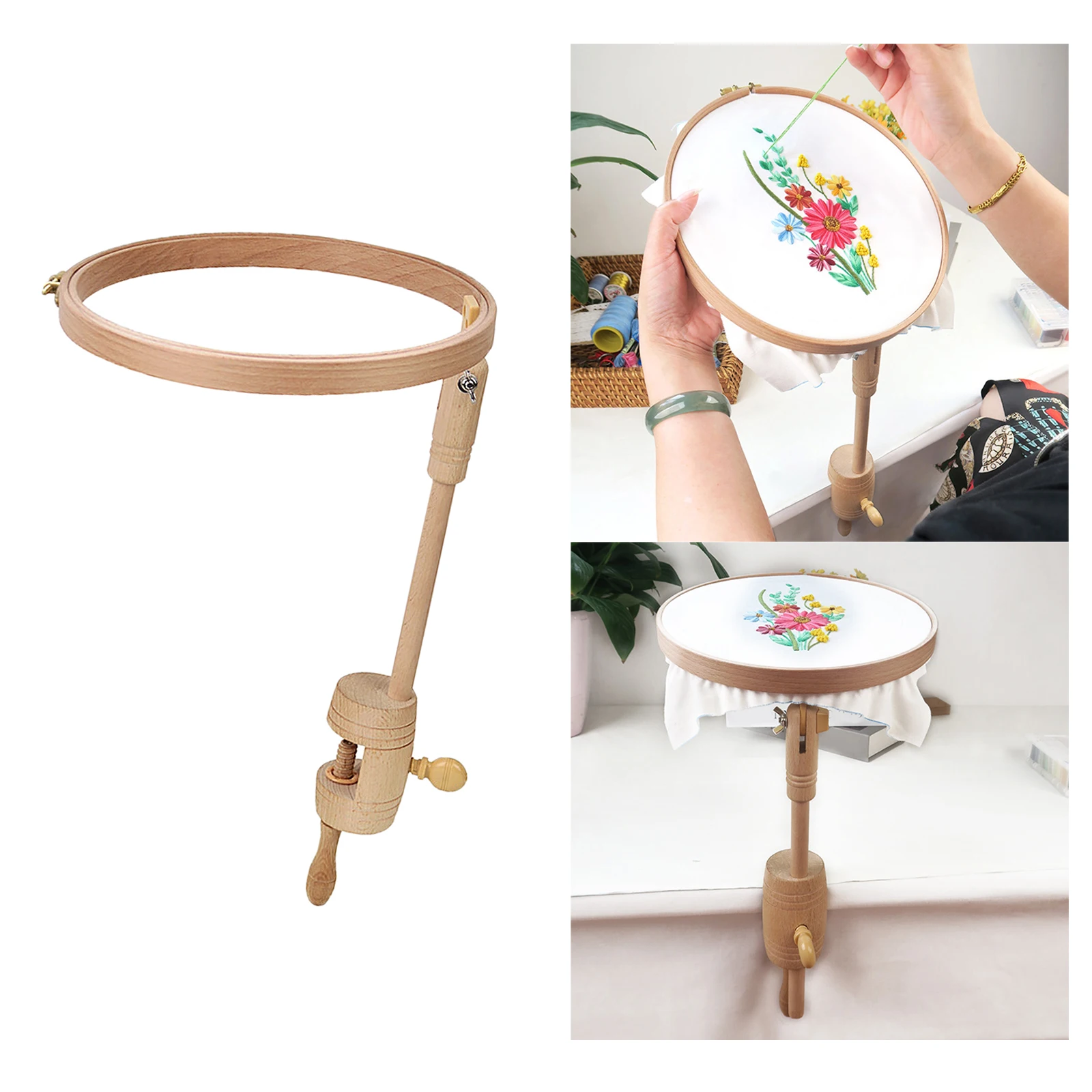 Embroidery Stand Natural Beech Wooden Adjustable Cross Stitch Lap Hoop Holder for Gift