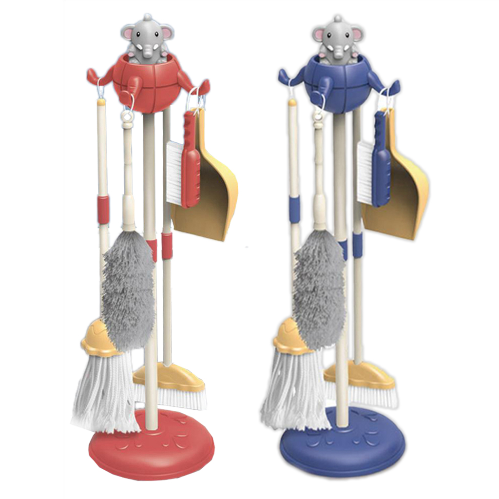 1Set Cute Elephant Kids Cleaning Toy Set Pretend Play With Broom Mop Brush Organizing Stand for Kids 4-6 Years Old