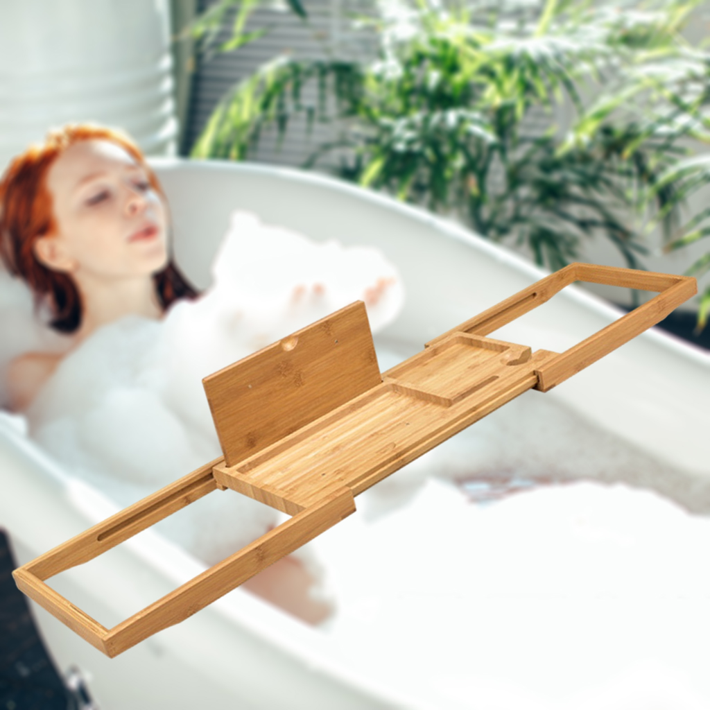 Wooden Bath Caddy Tray Extendable Bathtub Bridge Board Shelf wint Book / Tablet Stand, Wine Candle Holder