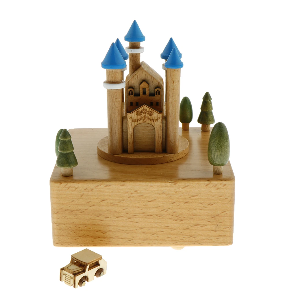 Blue Castle - Wooden Musical Box Classical Melody, with a Small Moving Car, Gift for Kids Family and Friends