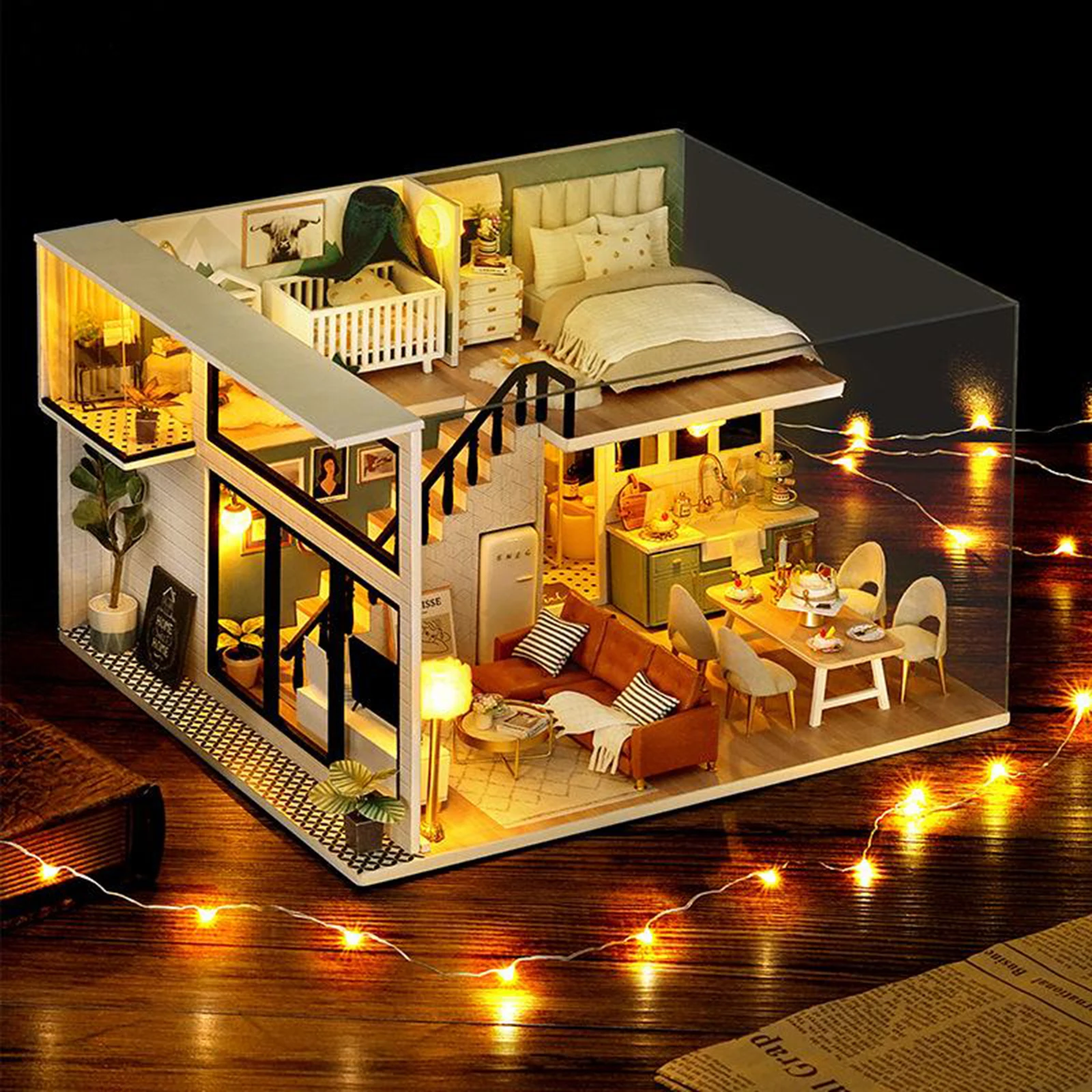 DIY Dollhouse Kit with Furniture, Lights, and Ornaments Plants 1:24 Scale Wooden