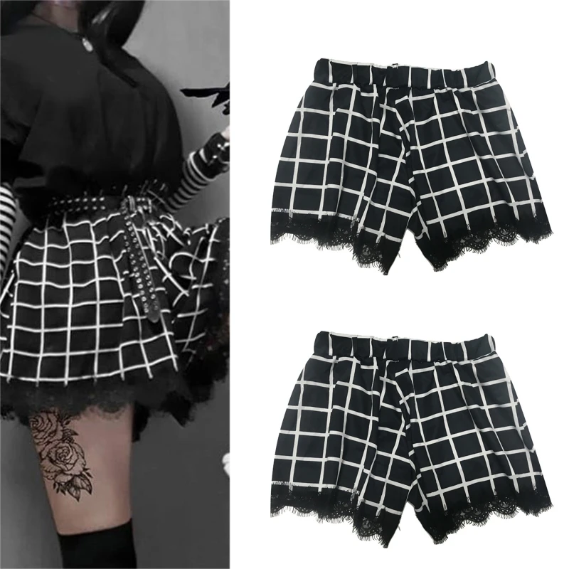 under armour shorts Women Goth Punk Elastic High Waist Wide Leg Shorts Skirt Harajuku Halloween Spider Web Plaid Eyelash Lace Trim Pants L5YB paperbag shorts