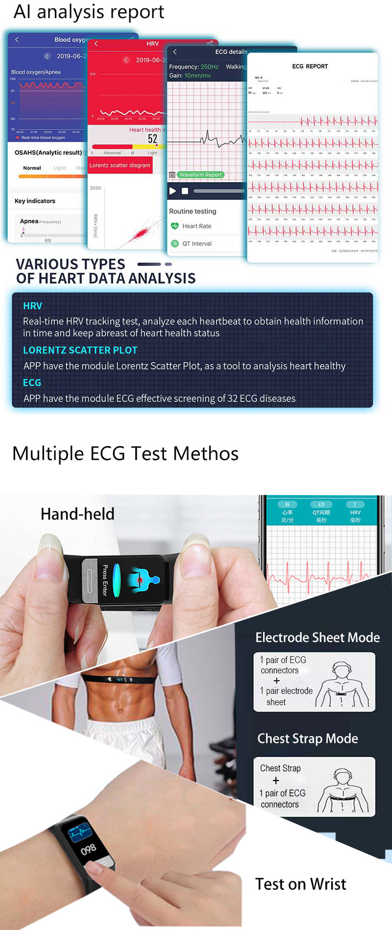 ECG PPG HRV Bluetooth Smart Bracelet Waterproof Pedometer Measure ECG