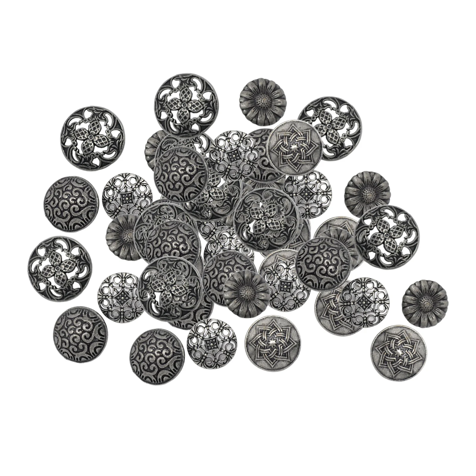 50 Pieces Round Mixed Antique Silver Vintage Metal Buttons Flower Decorative for DIY Crafts Sewing Crochet Decor Knitting