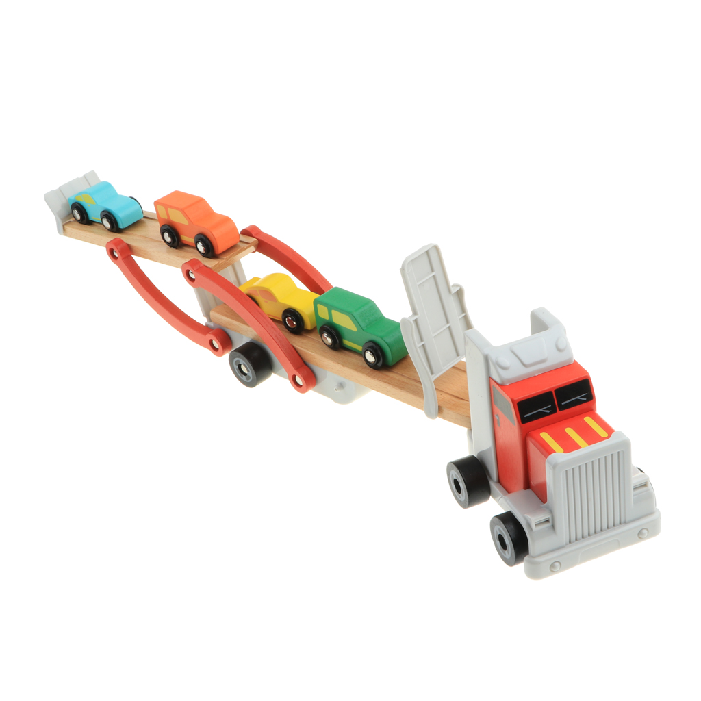 Wooden Double-Deck Car Carrier Transporter with 4 Mini Vehicles for Kids Imaginative Play , 15 x 2.75 x 4.33 inch