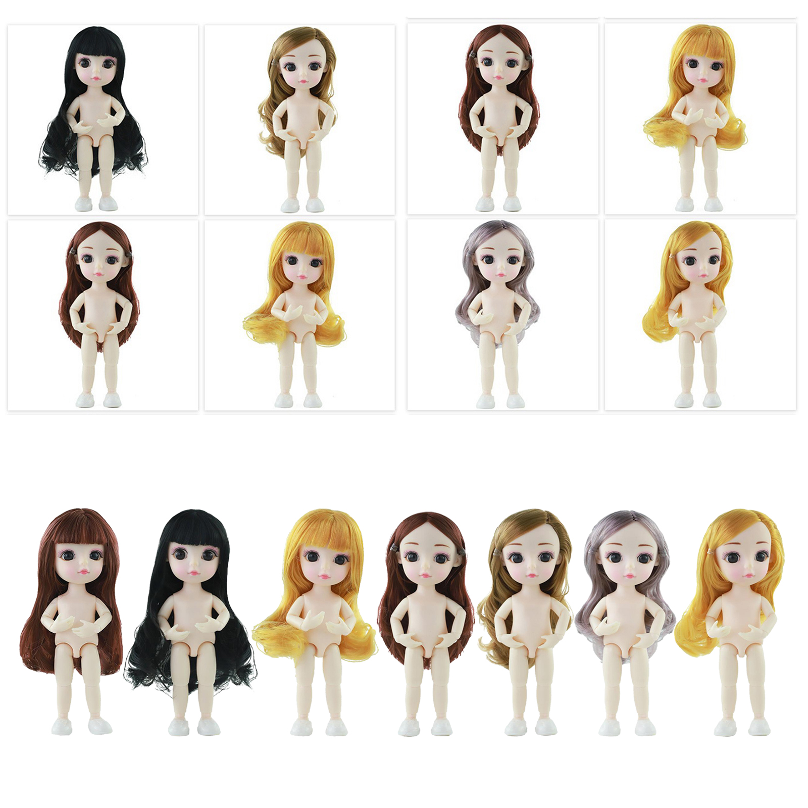 Flexible 16cm 13 Jointed 1/12 Mini Girl Doll Naked Body with Hair for DIY BJD Dolls Accessories