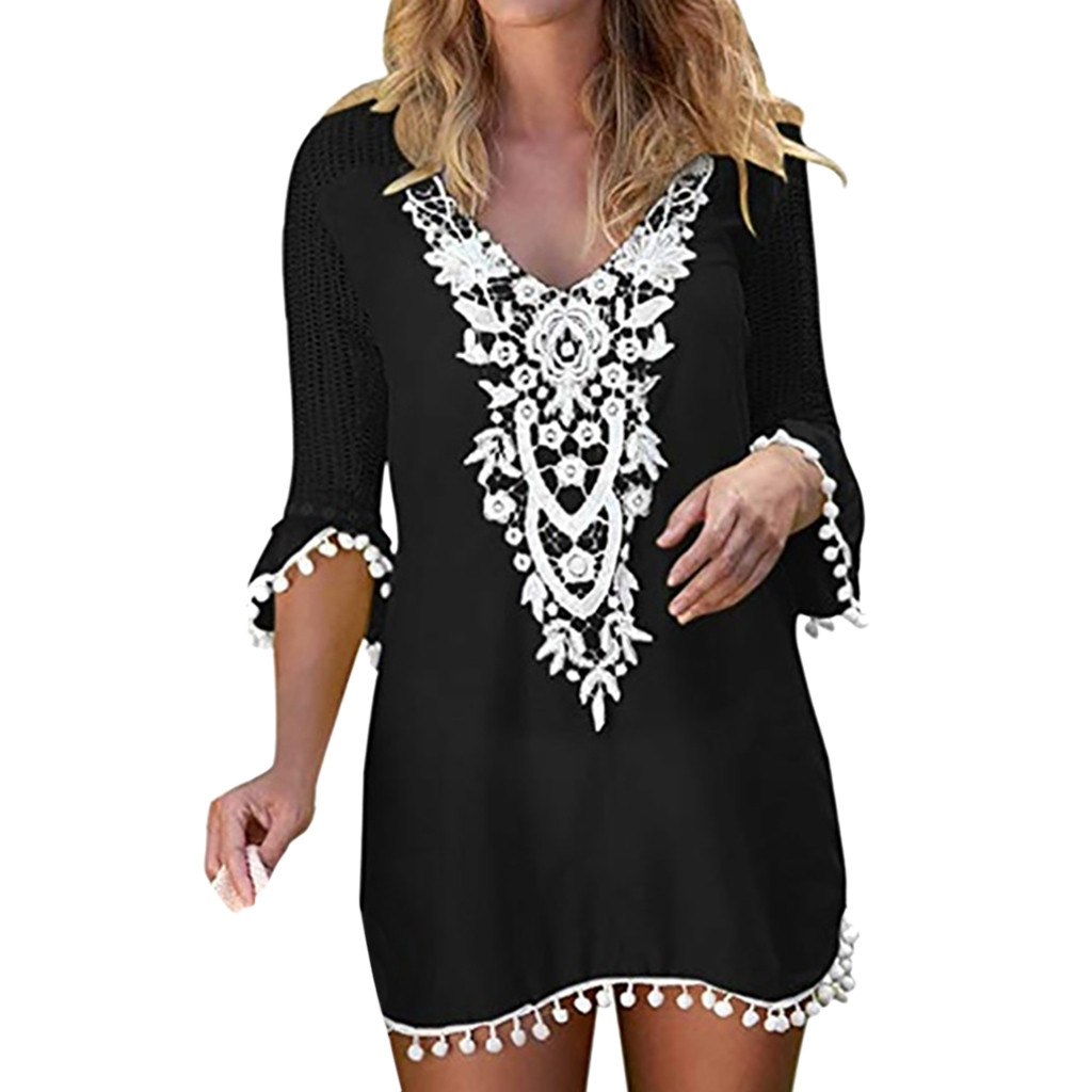  Trim Tassel Lace Crochet Swimwear Beach Cover Up