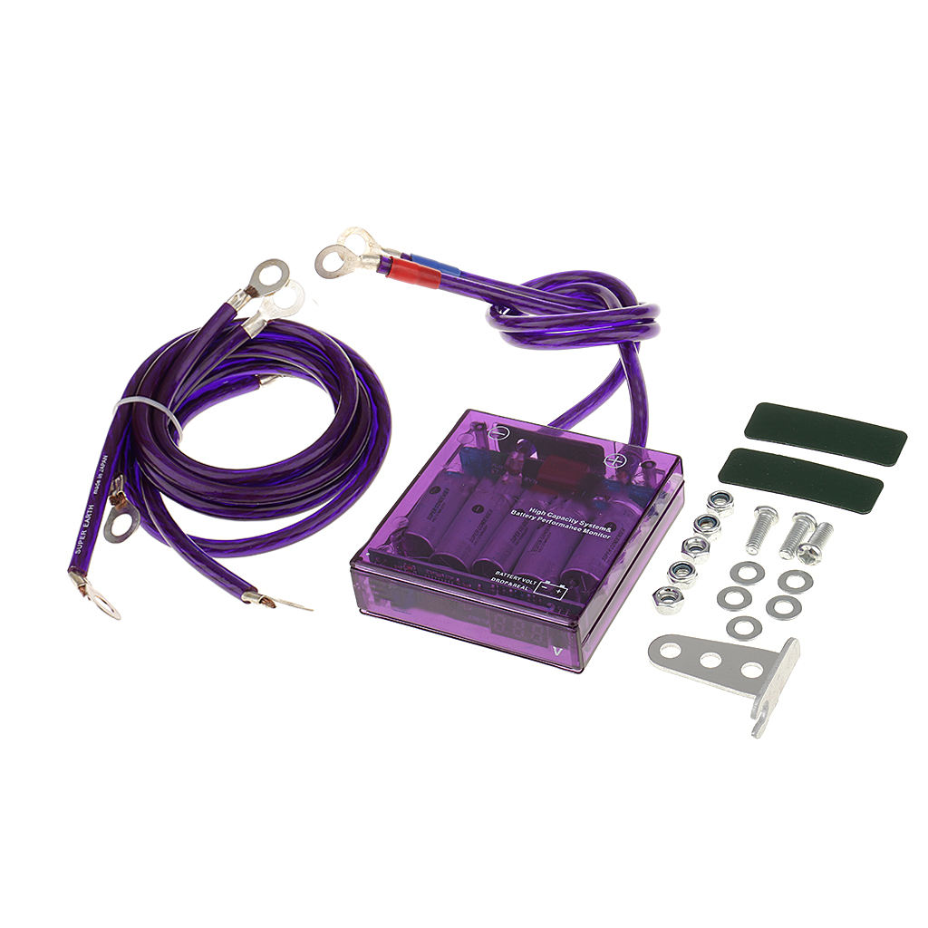 Universal Car Fuel Saver Voltage Stabilizer Regulator with Grounding Earth Cables Kit Purple