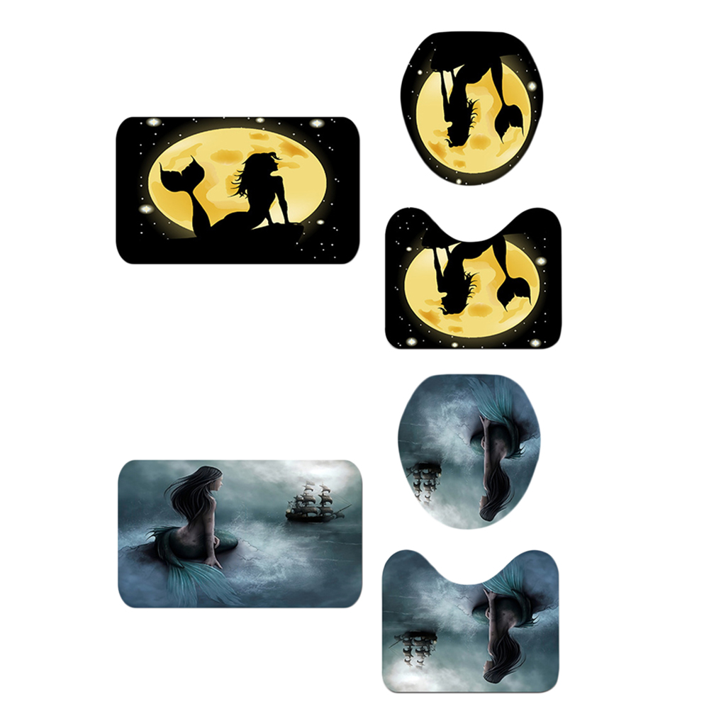 3 Pieces Non Slip Bath Rug Set Mermaid Theme Toilet Lid Cover Contour Mat