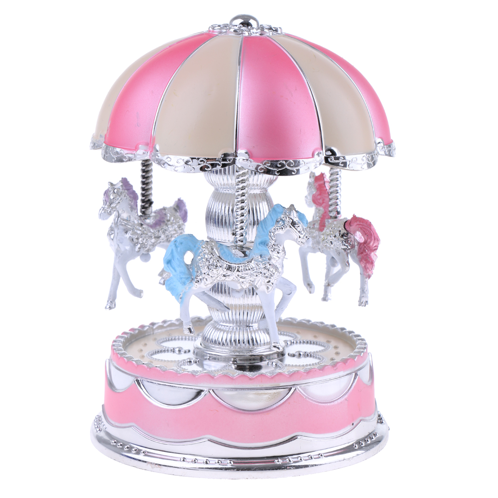 Vintage LED Light Carousel Rotating Music Box Mechanical Toy Kids Gift Pink