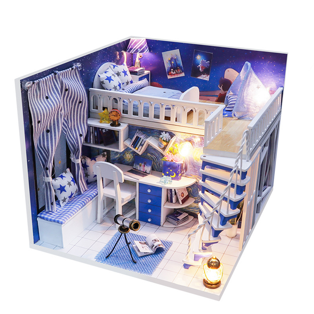 DIY Creative Dollhouse with Realistic Furniture Kit w/ LED Light Battery Case Wooden Crafts Themed Cottage Doll House Toys Gift