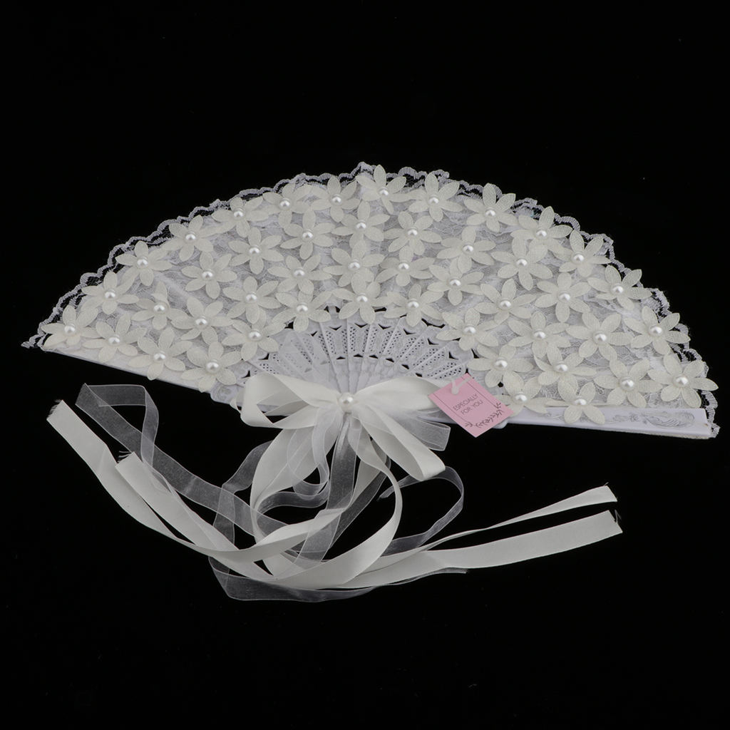 Cotton Lace Folding Handheld Fans, Cute Flower Bridals Hand Fan with Ribbon And