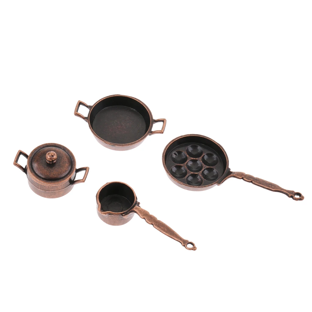 4pcs Dollhouse 1/12 Scale Miniature Frying Pans Cookware Props Alloy Decor A