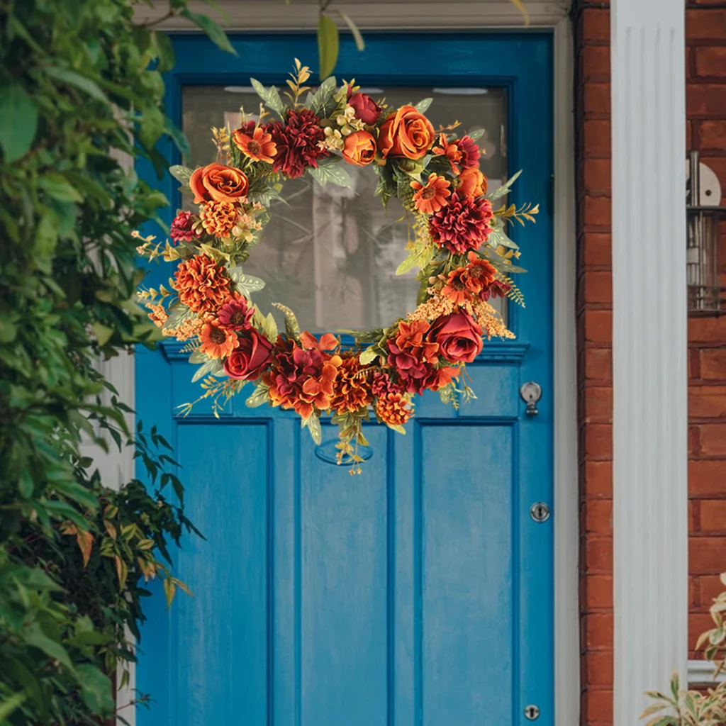 Artificial Rose Wreath Green Leaf Flower Garland for Front Door Decoration All Seasons Indoor Wall Windows Fireplace Decor