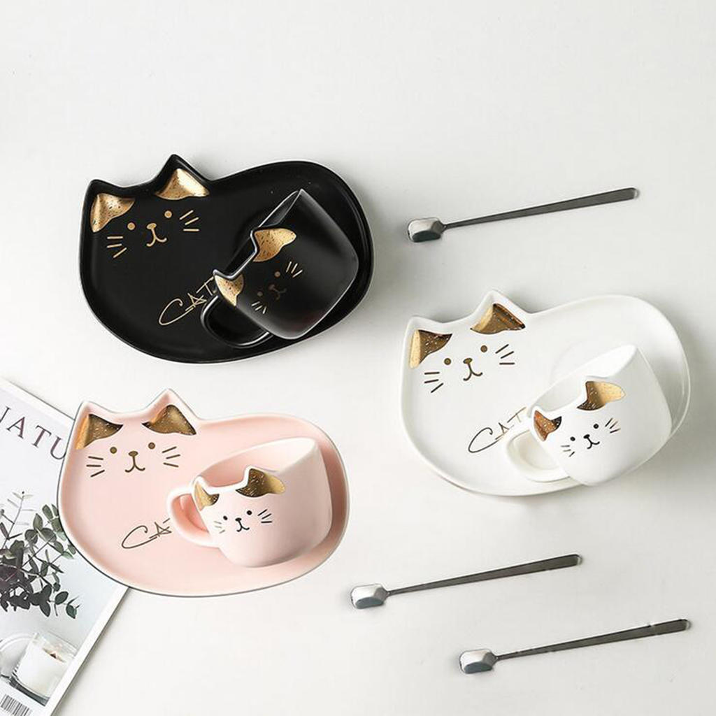 Cartoon Cat Theme Cup & Saucer Set Ceramic Tea Coffee Cup for Breakfast Home Kitchen