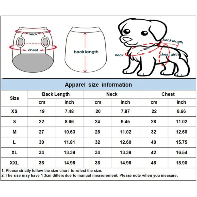 Una tabla de tallas de ropa para mascotas, específicamente para perros. Incluye medidas de largo de espalda, cuello y pecho, con tallas correspondientes que van desde XS a XXL. La tabla va acompañada de ilustraciones del cuerpo de un perro con medidas marcadas, que indican dónde medir para obtener el tamaño adecuado.