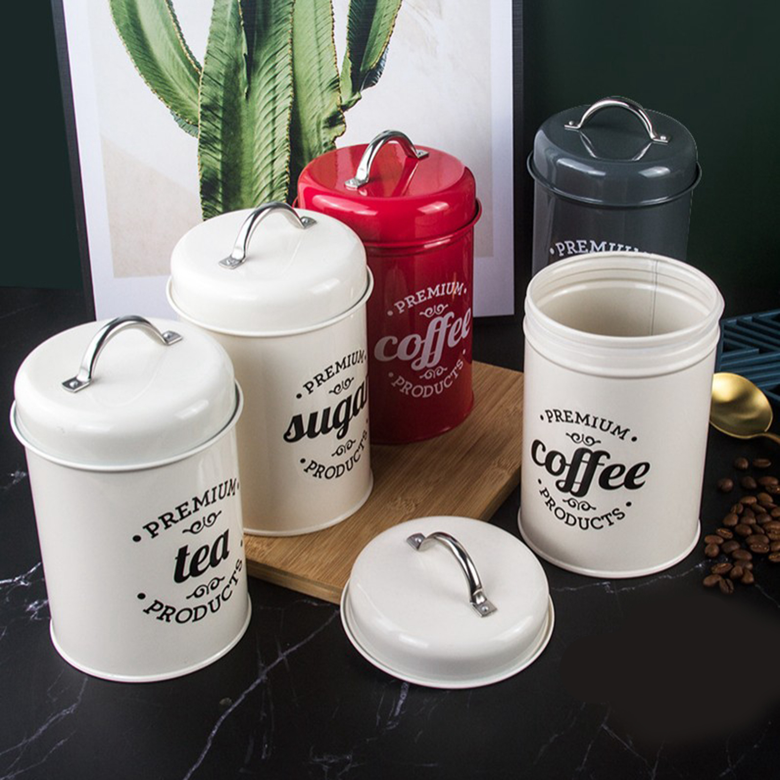 Set of 3 Coffee Tea Sugar Canister Set Metal Kitchen Food Storage Tins Jars with Airtight Lids