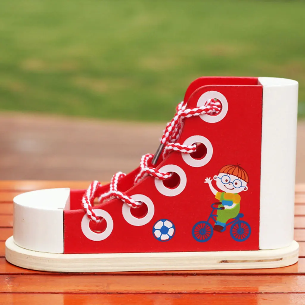 CHILDRENS WOODEN THREADING SHOE LEARN TO TIE LACES EDUCATIONAL TOY GAME`L0 