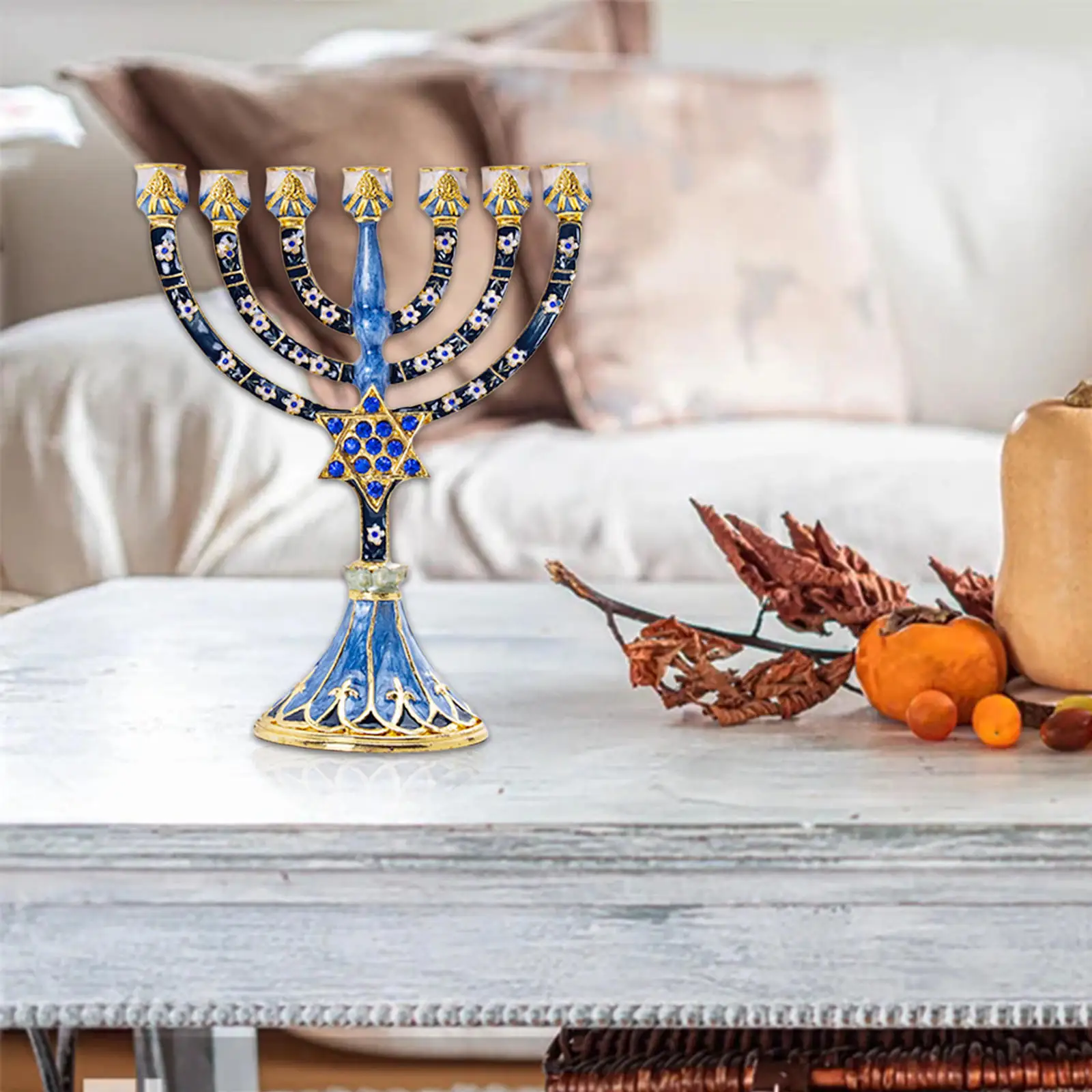 Hand Painted Hanukkah Enamel Menorah with Jeweled Accents Bejeweled Candelabra Candle Holder