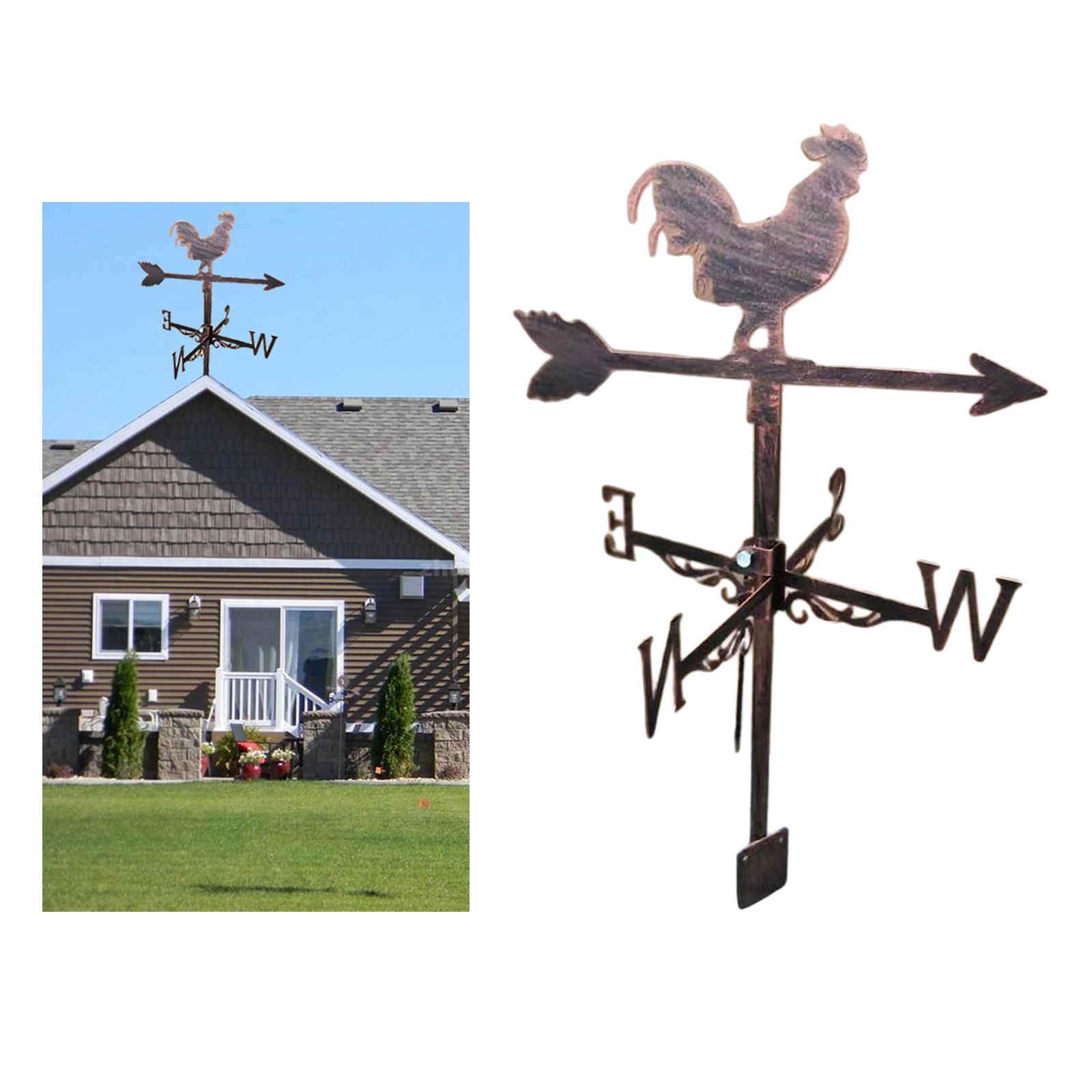 Farmhouse Rooster Weather Vane Roof Mount Rod, Wind Direction Indicator Outdoor Metal Bracket Weather Vane