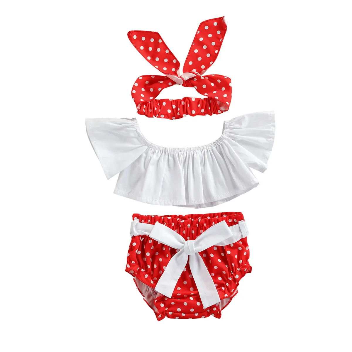 0-24M Sweet Baby Girl Clothes 3pcs Off Shouler Ruffle Short Sleeve Crop Top+Bow Belt Dot Print Red Shorts+Headband Summer Baby Clothing Set
