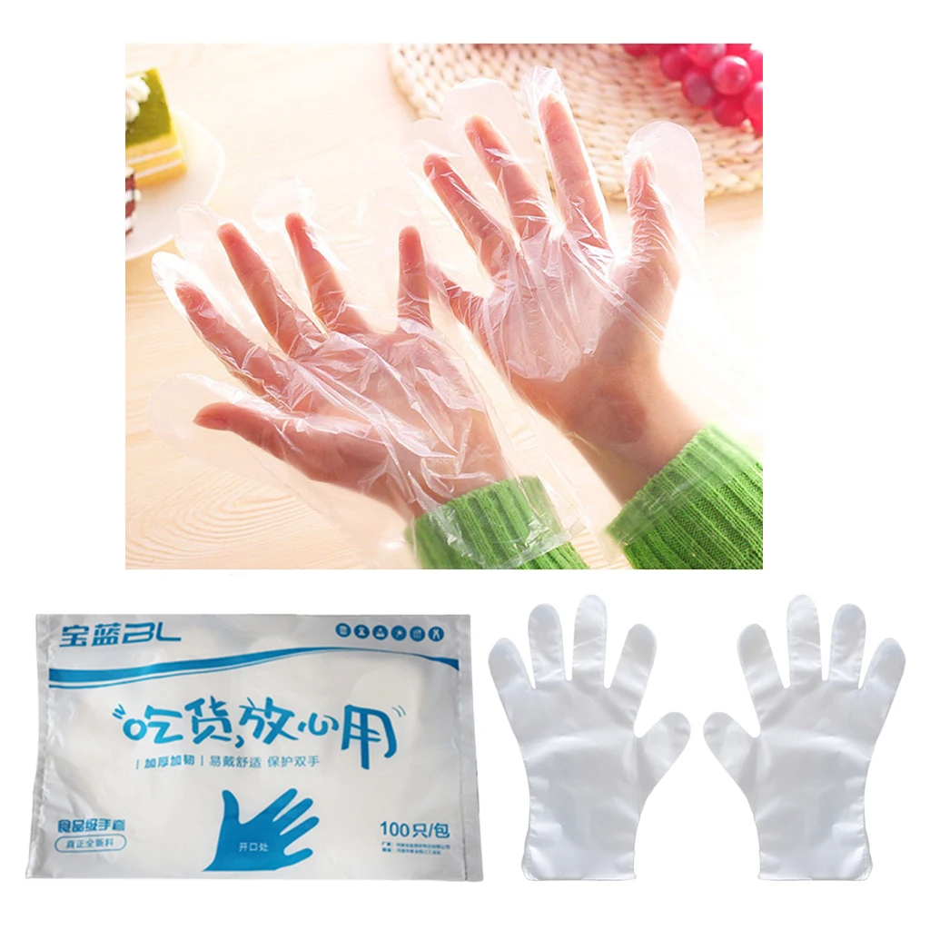 100pcs Clear Plastic PE Food Grade Disposable Gloves for Kitchen Cooking Cleaning Safety Food Handling