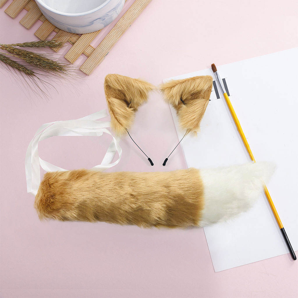 2Pcs Wolf Fox Tail Clip Ears and Choker Set Halloween Christmas Fancy Party Costume Toys Gift for Women