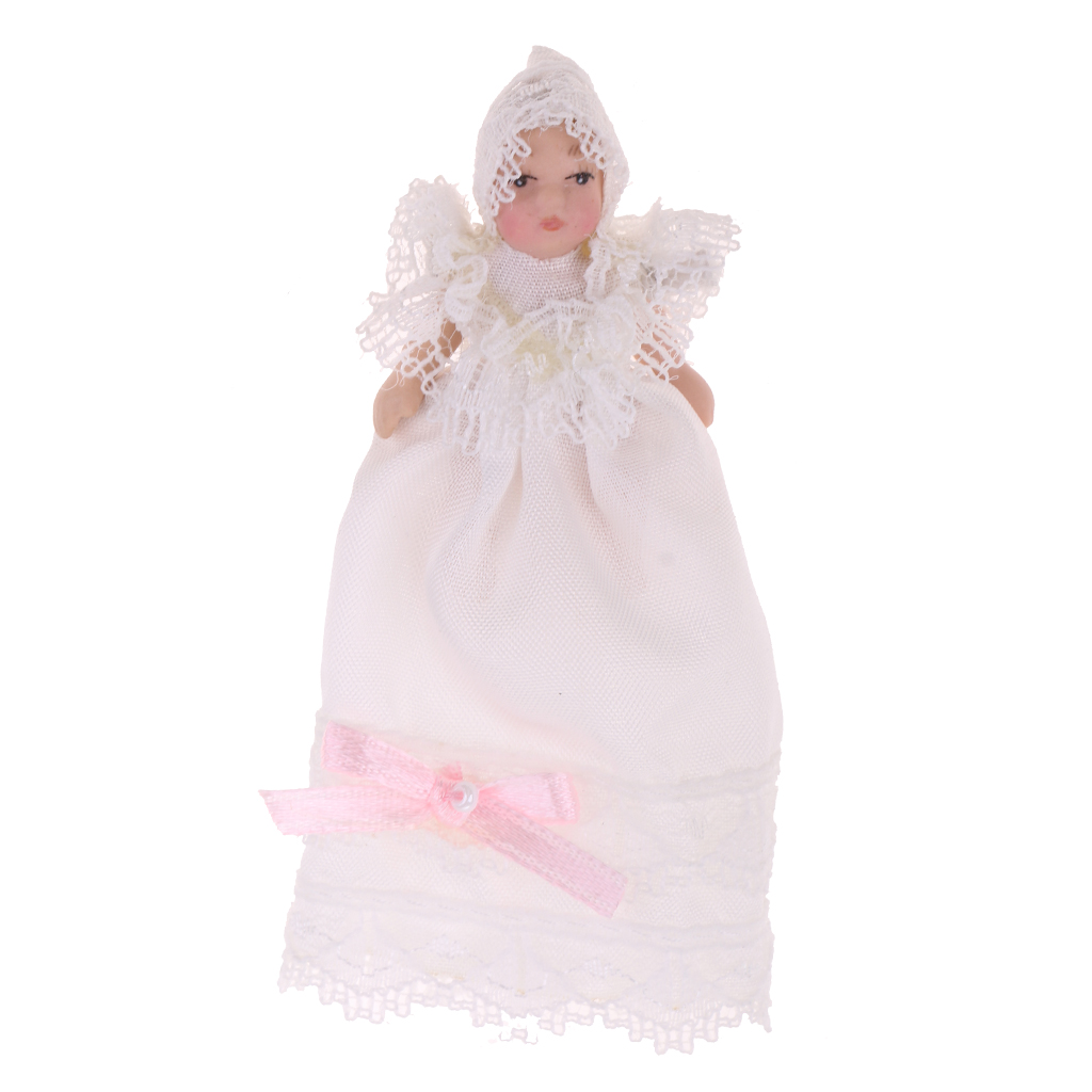 1/12 Scale Dollhouse Miniature People Figures Porcelain Baby Toddler Doll in White Lace Dress Rooms Accessories