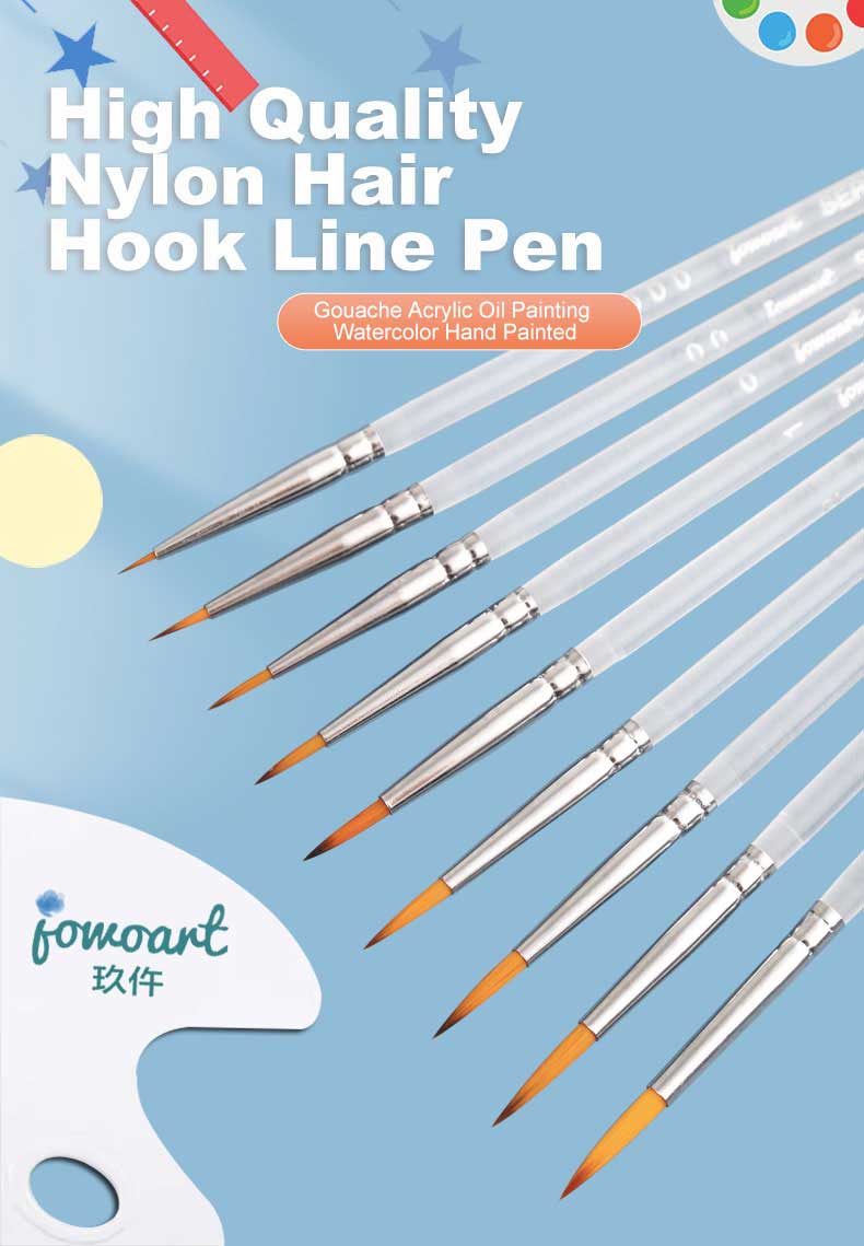 JOWOART 9 Pcs Very Fine Tip Nylon Hair Watercolor Paint Brush Transparent Acrylic Rod Hook Line Pen Stroke Pen for Beginners Art