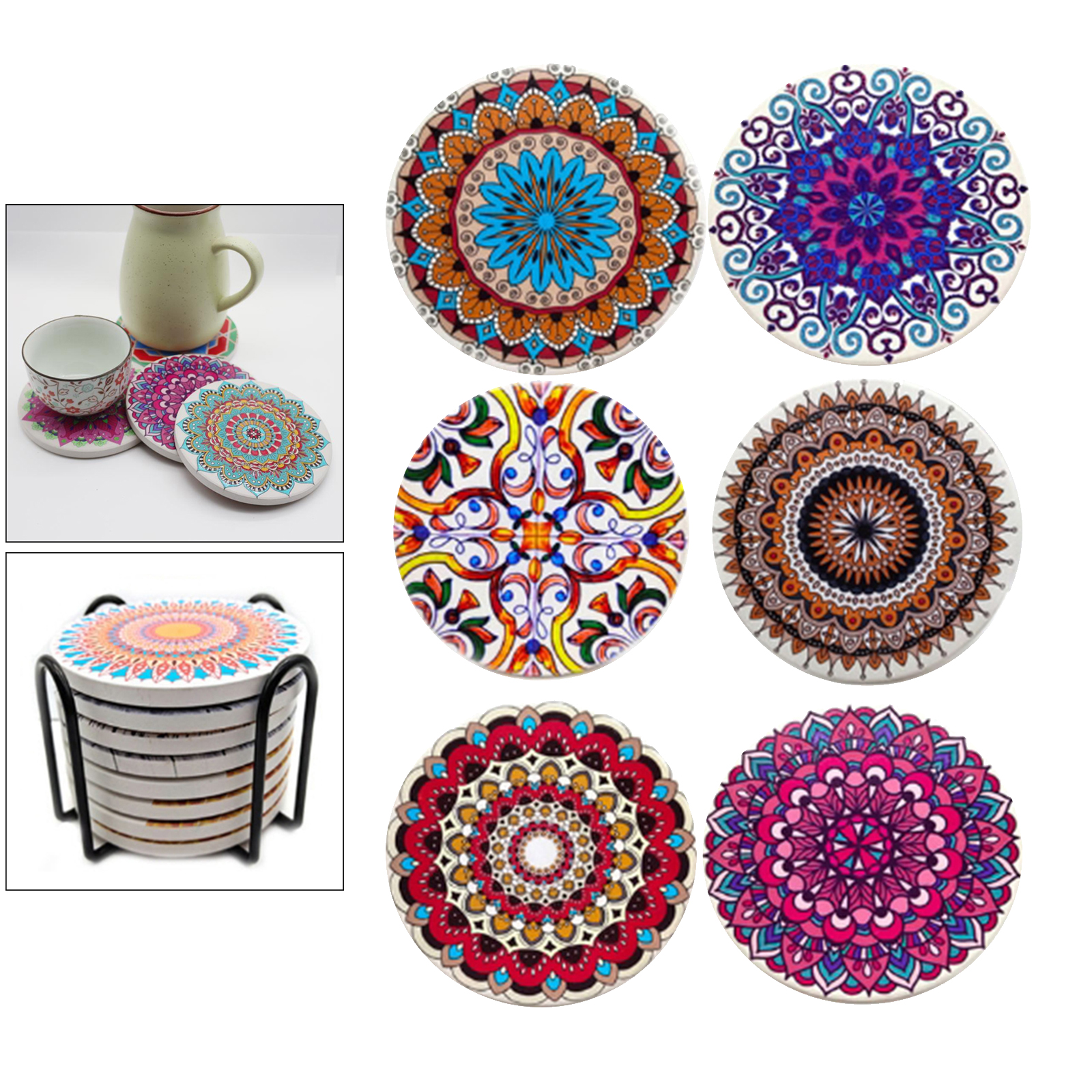 6/8pcs Heat-insulated Ceramic Cork Base Round Cup Coasters Drinks With Storage Holder Dining Table Decor Housewarming