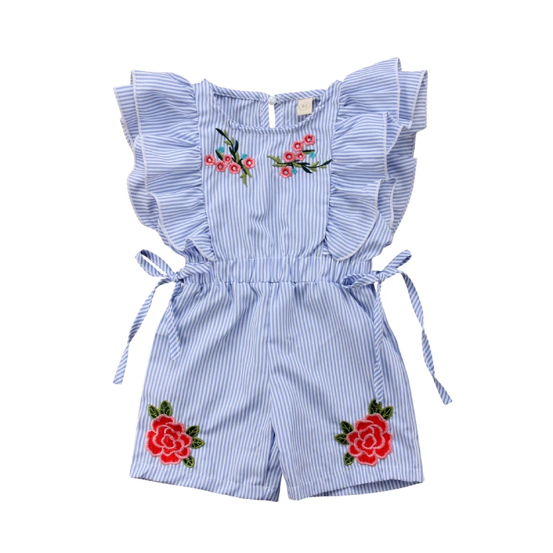 Cute Summer Toddler Baby Girl Romper Ruffle Sleeveless Elastic Waist Floral Print Striped Lace Up Playsuits Outfits for 1-5Y Baby Jumpsuit Cotton 