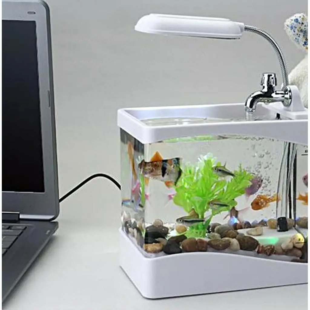 Mini Clear USB LED Goldfish Betta Fish Tank Ornament Desktop Aquarium Gift White