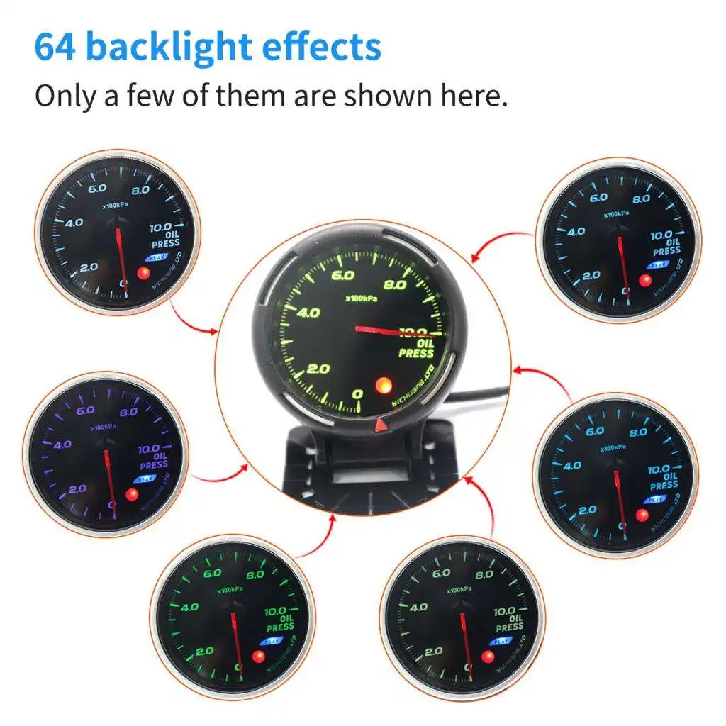 70 Mm Oil Pressure Meter, 120 Psi, Adjustable 64 Color Backlight, 12 V, Sensor