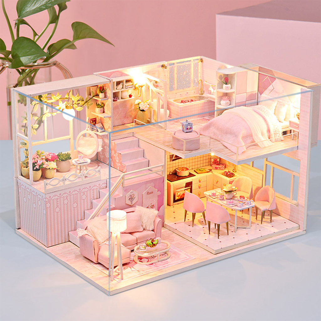 DIY Dollhouse Kit Plus LED Light & Dustproof Case Battery Case Wood Pink Cottage Creative Room Self Assembly Model for Girls