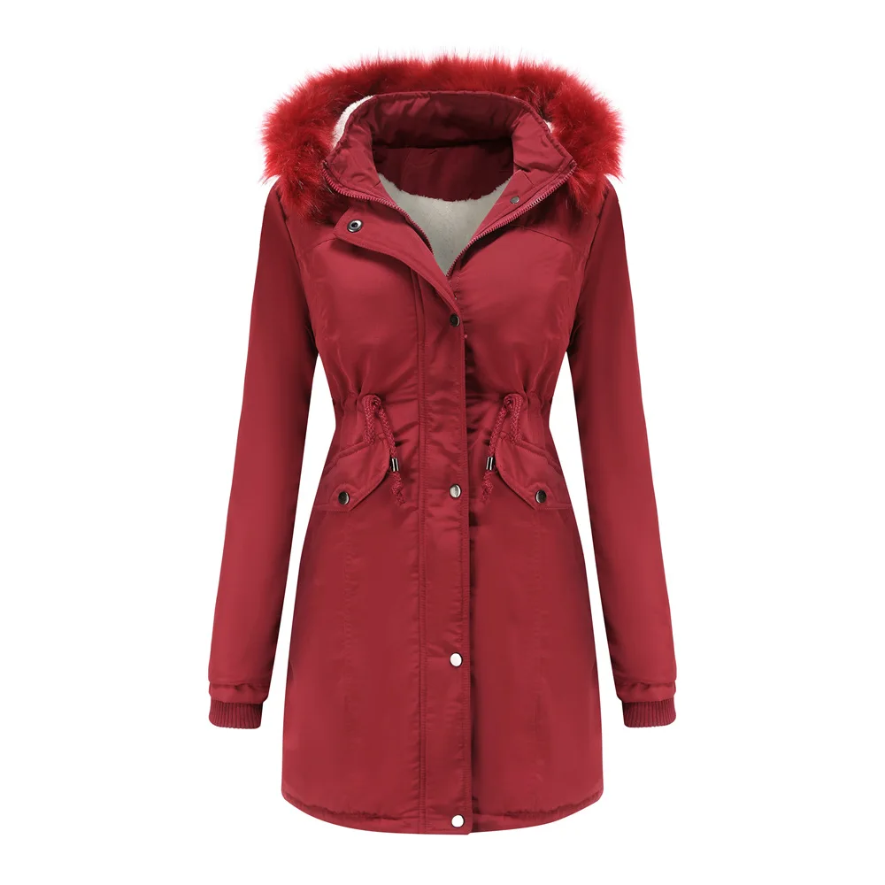 Women's Cotton-Parkas In Winter with A Fur Collar and Hood Solid Color Commuting with Zipper Thickening Velvet Warm Coats Female woolrich parka