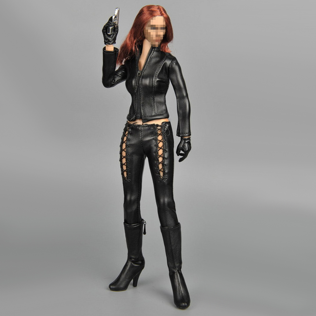Cool 1/6 Scale Female Clothes Outfit Black Faux Leather Catsuit Jumpsuit for Doll Toy