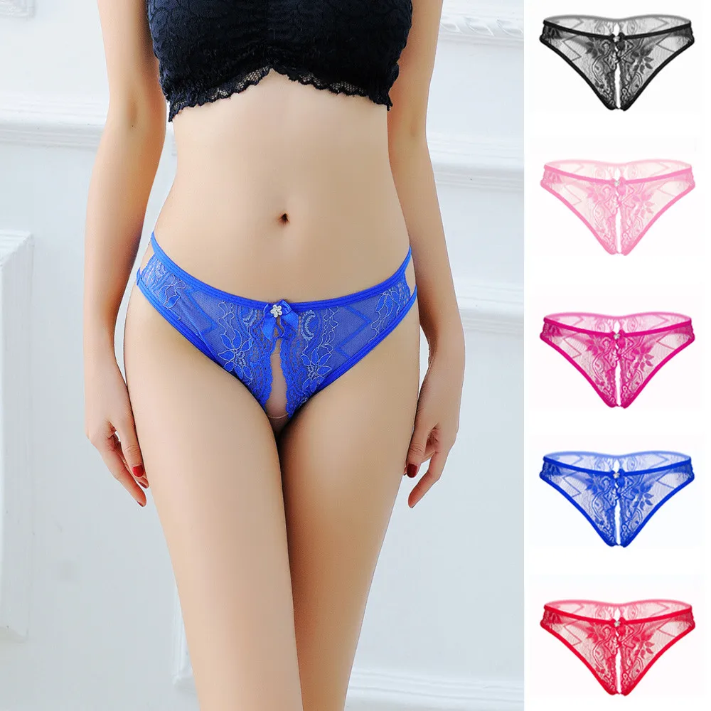 2021 Sexy Women Solid Floral Panties Breathable Open Crotch Thongs Lace Underwear Erotic