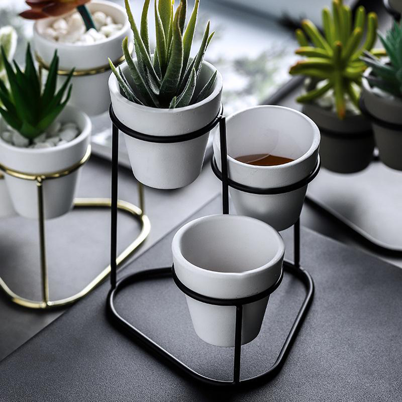 3Pieces Ceramic Succulent Pots Flower Planter with Metal Plant Vase Stand Holder Shelf Rack Home Decor