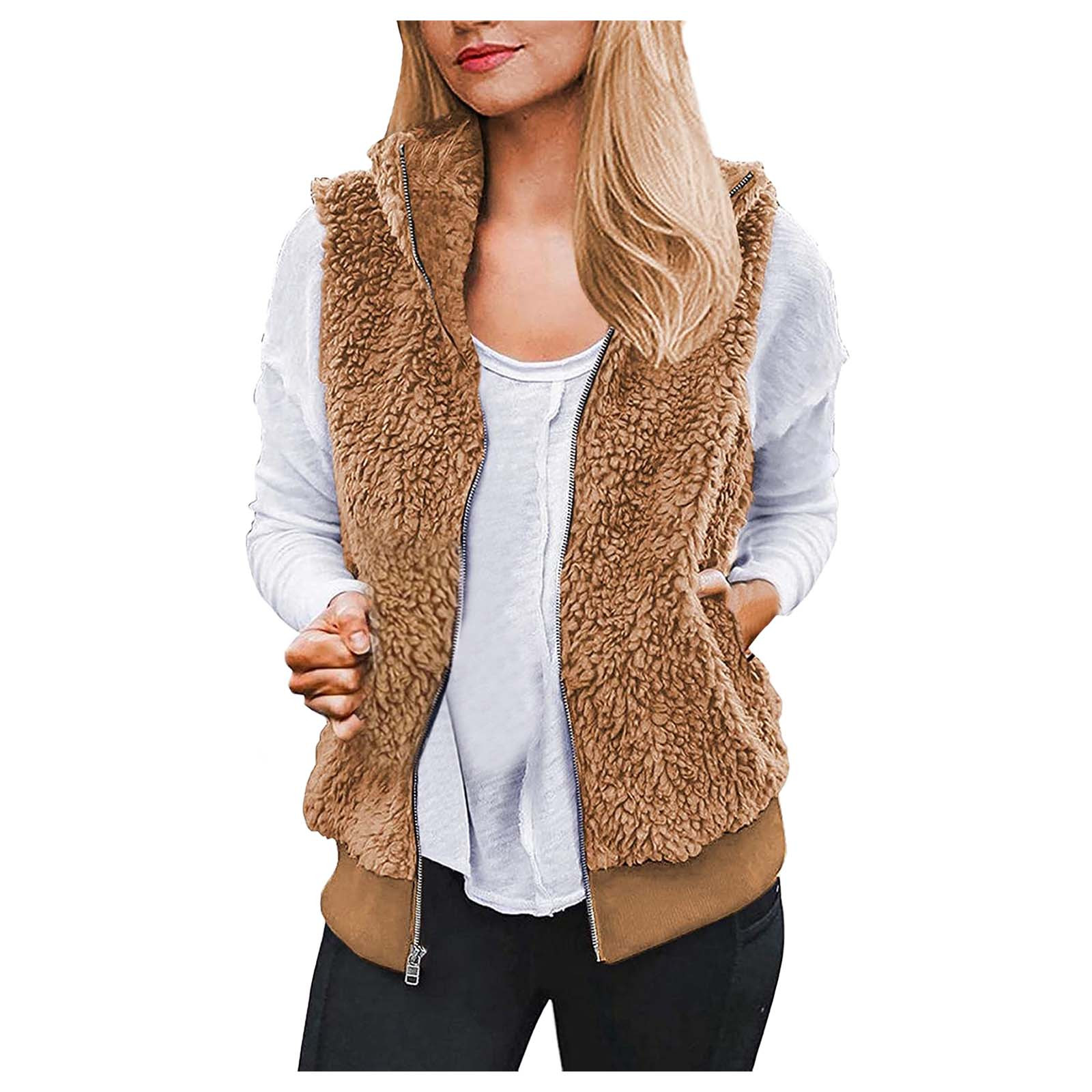 womens sherpa fleece outwear coletes outono inverno quente casaco peludo com bolsos zip up sem mangas colete de lã artificial