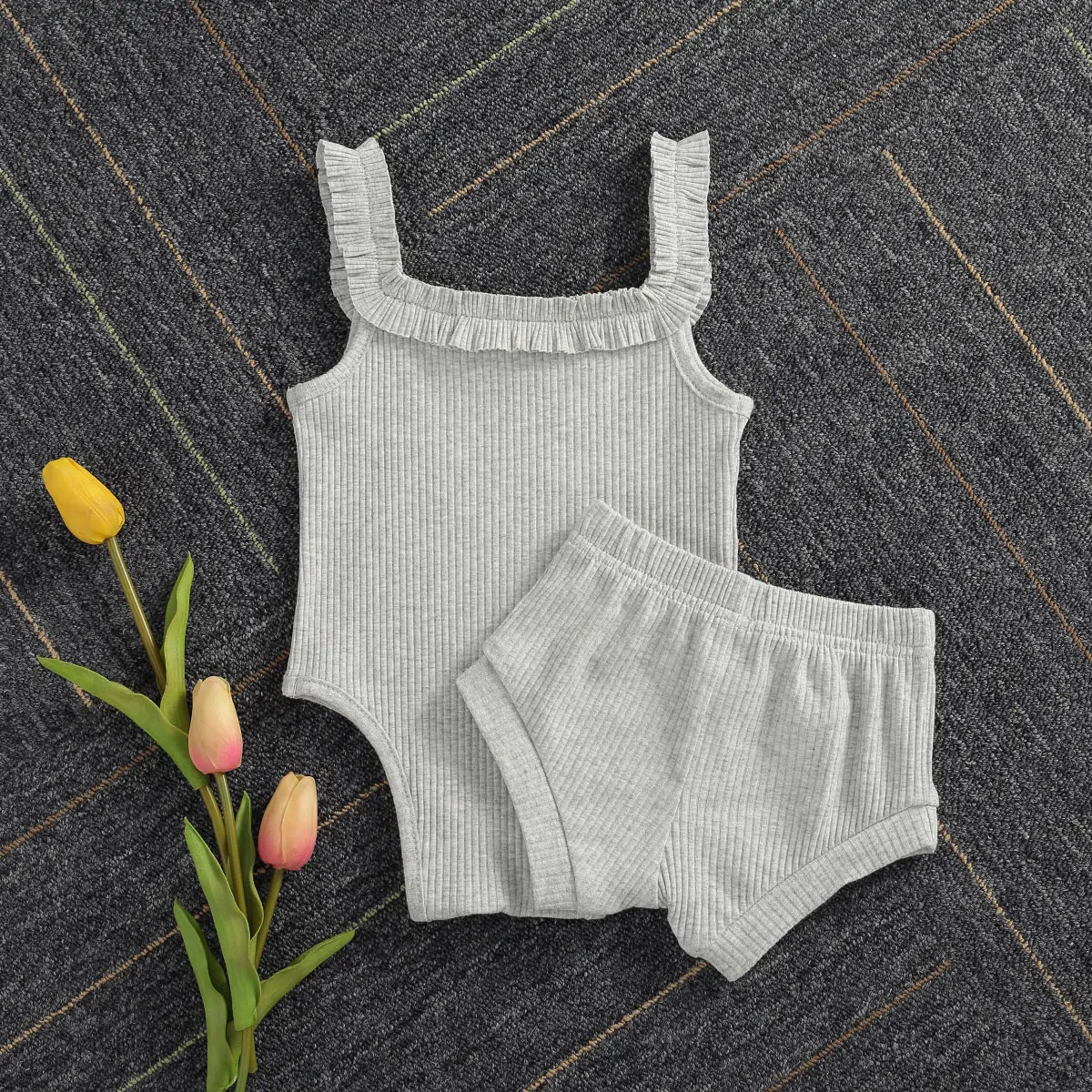 2021 Baby Summer Clothing Casual Baby Girls Solid Color Clothes Sleeveless Ribbed Romper + Pants 2 Pieces Summer Short Sets Newborn Knitting Romper Hooded 