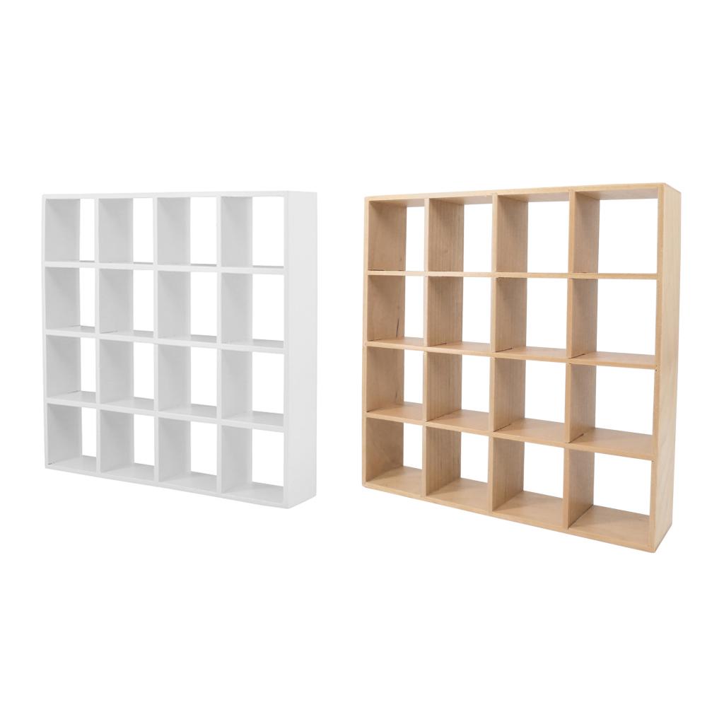 Mini Wooden Storage Rack Display Shelf, Dollhouse Furniture Accessory - 16 Cube Organizer -1/12 Scale