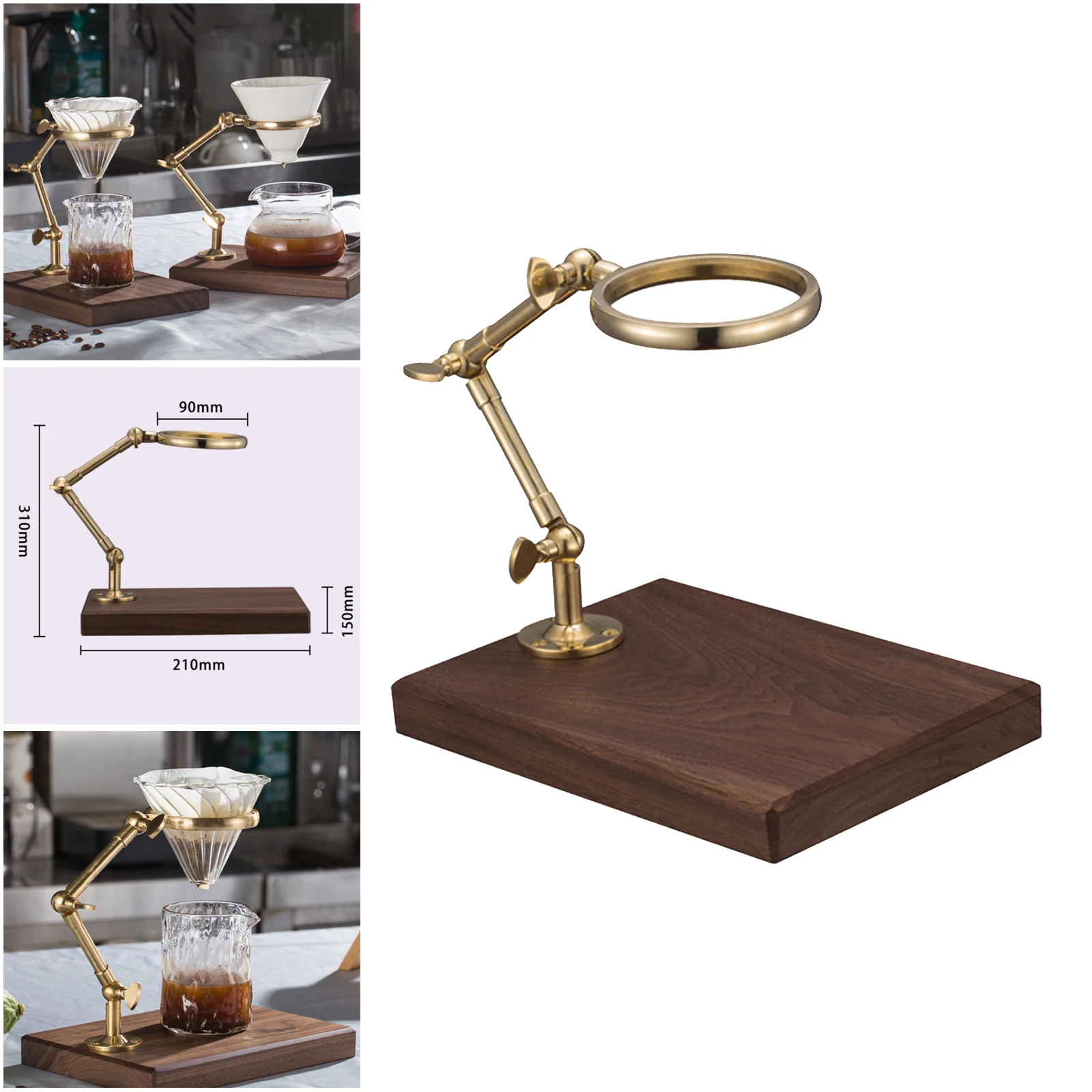 Brass Frame Coffee Rack Filter Cup Holder Tea Filter Drop Bracket Adjustable Height Solid Wood Base