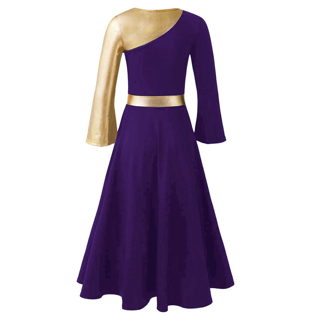 Mufeng Kids Girls Sparkle Metallic Gold Liturgical Praise Dance Dress Worship Costume Lyrical Dancewear Royal Blue 6
