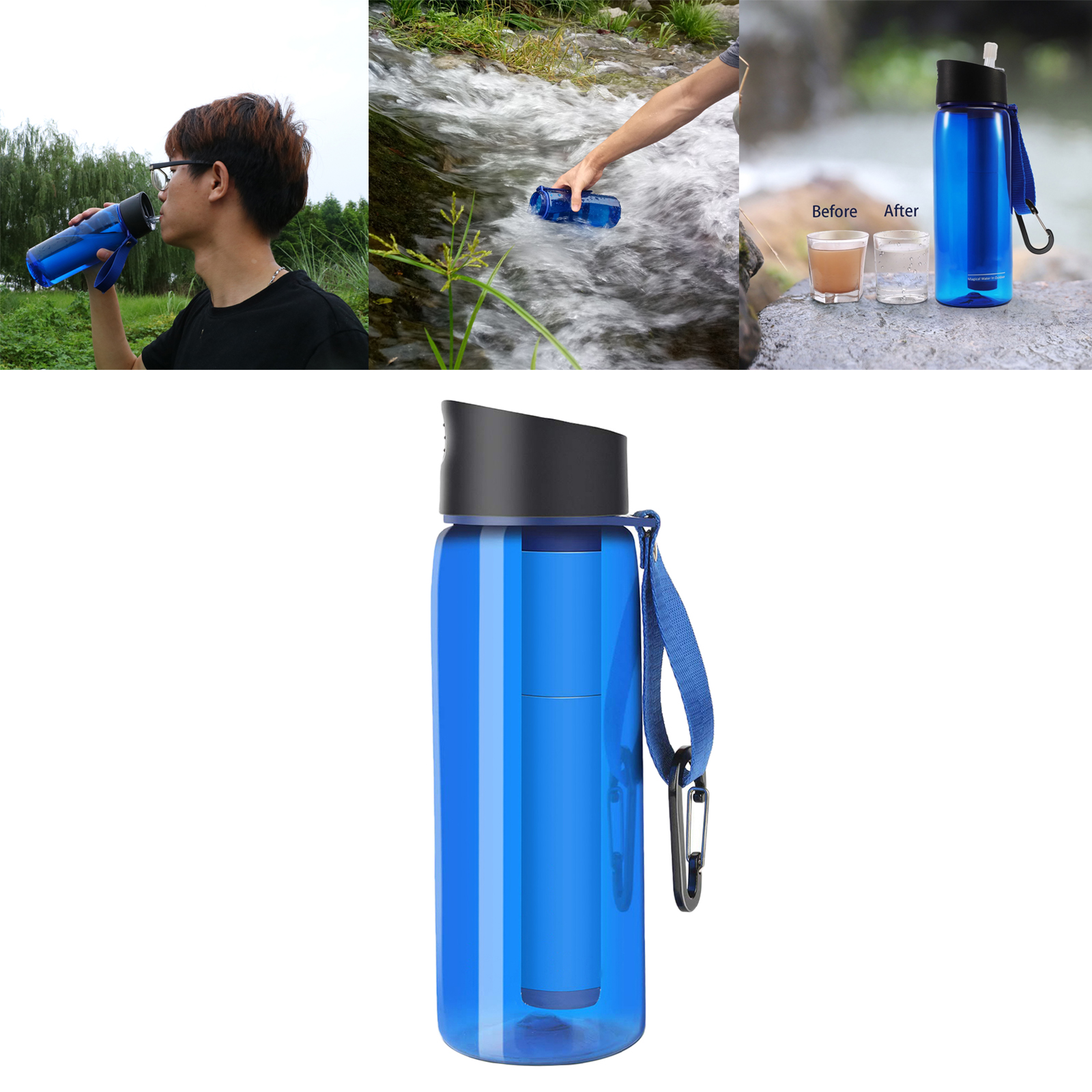 650ml Outdoor Water Filter Bottle Survival Camping Water Filtration Bottle Straw Purifier for Camping Hiking Traveling 22oz