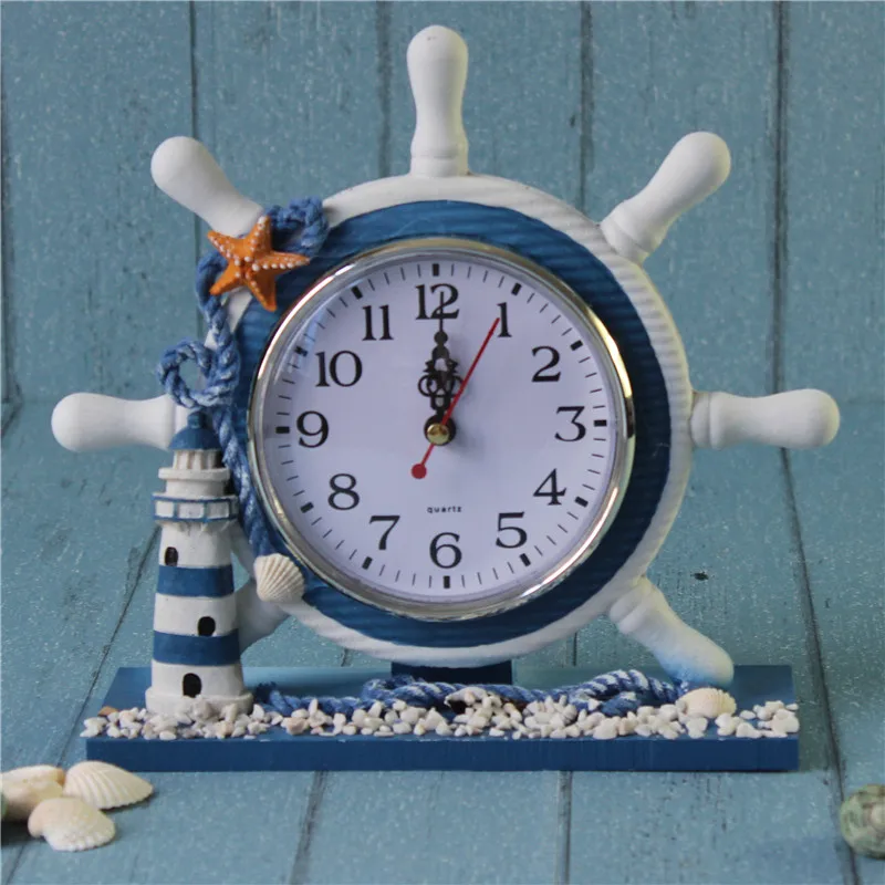 Retro Wooden Nautical Anchor Ship Beach Sea Theme Boat Circular Wheel Time Clock Rudder Steering Table Decor House Room