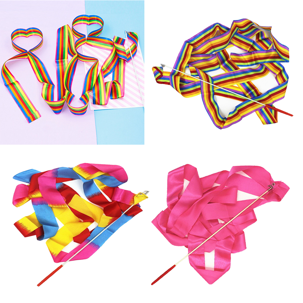 Dance Ribbons Rainbow Streamers Rhythmic Gymnastics Ribbon Baton Twirling Wands on Sticks for Kids Artistic Dancing
