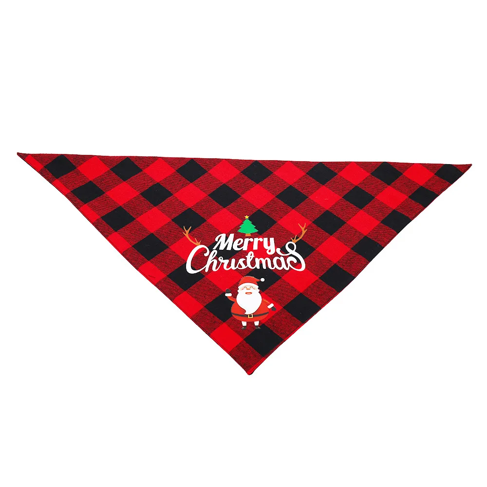 Una bandana de cuadros rojos y negros con temática navideña. Presenta el texto Feliz Navidad en una fuente festiva, junto con una pequeña ilustración de Papá Noel.