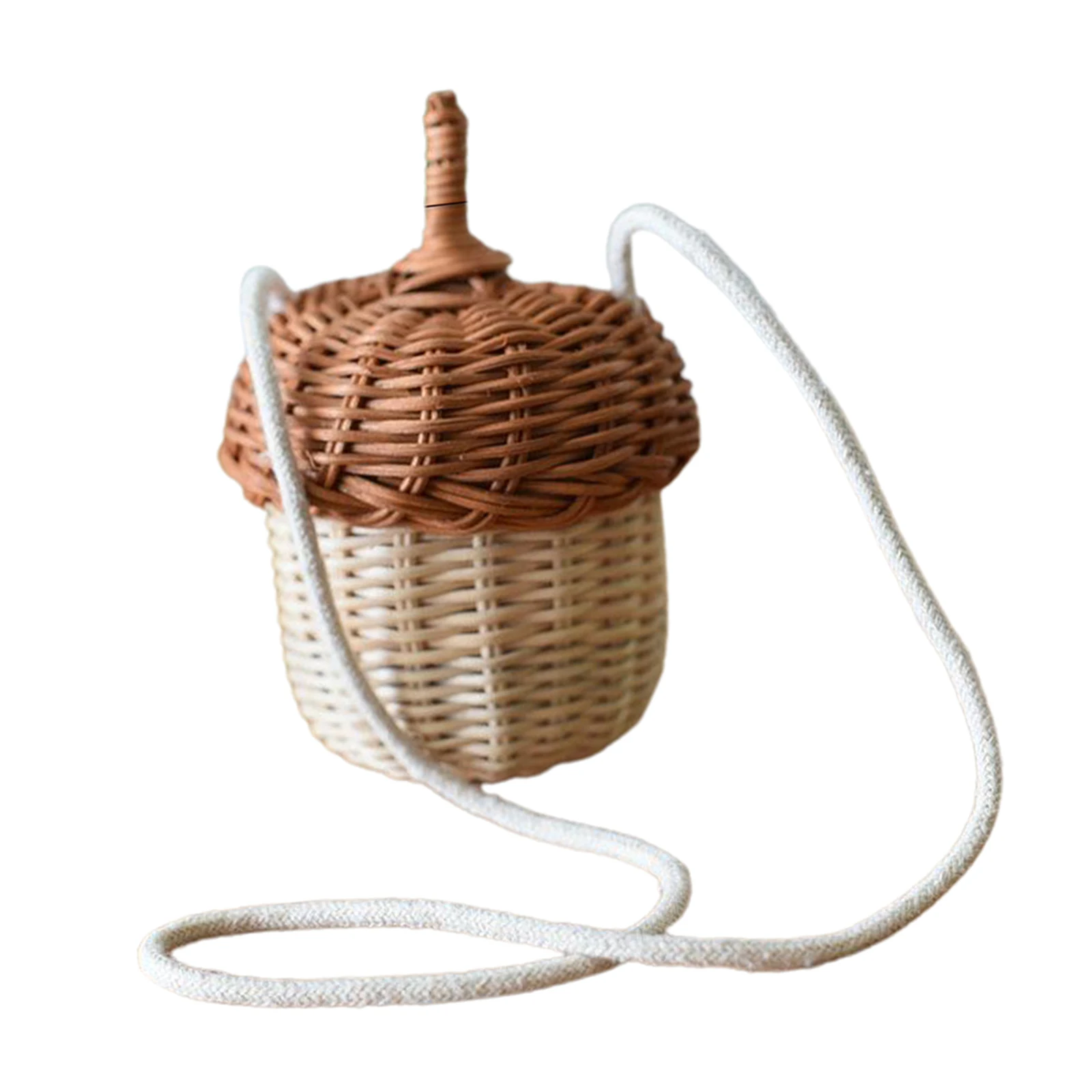 Handwoven Round Rattan Bag Bucket Tropical Beach Style Woven Shoulder Rattan Bag Photo Props