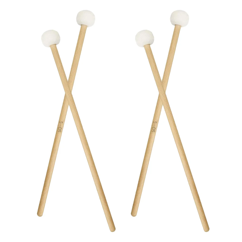 2 Pair 15 Inch Wood Handle Mallets Timpani Stick Multi-Purpose Felt Mallet Soft, Good Percussion Accessories